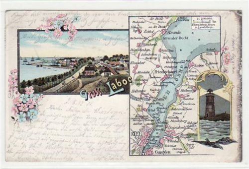 Laboe, Lithographie mit Leuchtturm u. Gebietskarte gelaufen, 1901 kleiner Knick oben links und rechts, Oxydationsspuren rechter Rand, leichte Abschürfungen, leicht fleckig, sonst gut erhalten