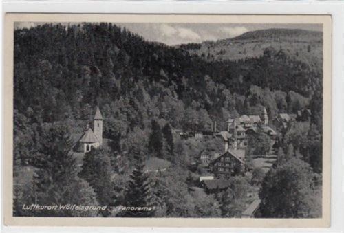Wölfelsgrund Panorama vom Luftkurort Wölfelsgrund / Miedzygórze - Kreis Habelschwerdt / Bystrzyca Klodzka gelaufen 1939. Rückseite leicht fleckig, sonst gut erhalten