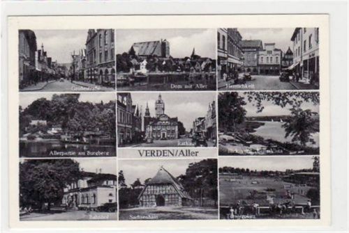 Verden, 9 Abbildungen mit Bahnhof und Großestraße gelaufen, 1954. Gute Erhaltung.