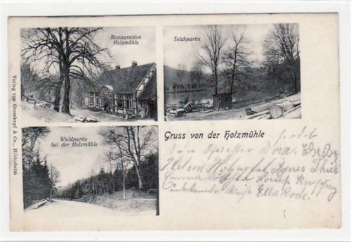 Holzmühle mit Restauration, Waldpartie u. Teichpartie gelaufen, 1905. Leichter Stempeldurchdruck, leicht fleckig, sonst gut erhalten