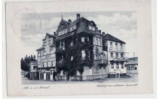 Bullay Alf a.d. Mosel mit Gasthof zur schönen Aussicht gelaufen von 1942 kleiner Knick oben rechts, starker Knick unten links, Stempeldurchdruck, sonst gut erhalten
