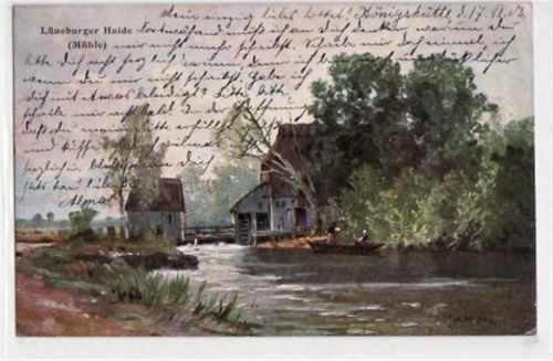 Lüneburger Heide, Künstlerkarte mit Mühle gelaufen, 1903 kleiner Knick oben rechts, sonst gut erhalten