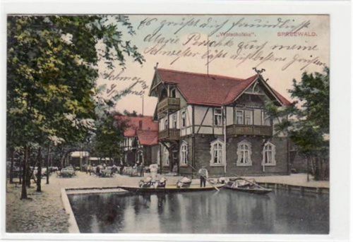 Burg im Spreewald mit Partie am " Wotschofska " gelaufen von 1910. Leicht fleckig, sonst gut erhalten.