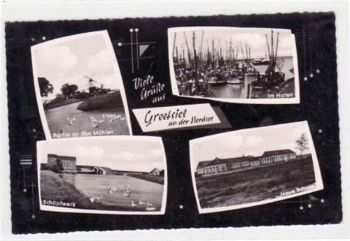 Greetsiel, 4 Abbildungen mit Mühle, Hafen, Schöpfwerk und Schule ungelaufen Gute Erhaltung.