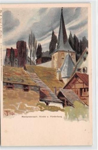 Neckarsteinach Neckarsteinach, Lithographie. Kirche Vorderburg ungelaufen um 1900 Gute Erhaltung.