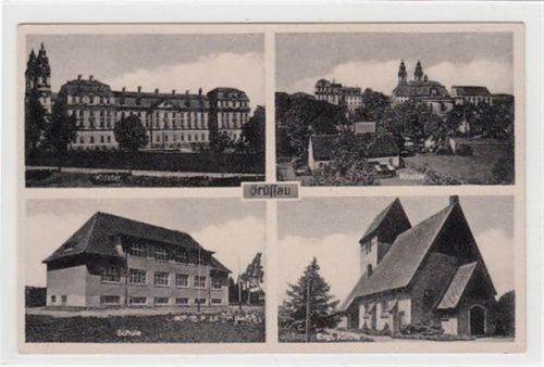Grüssau / Krzeszów - Kreis Landeshut / Kamienna Góra mit Schule, Evangelischer Kirche und zwei verschiedene Ansichten vom Kloster ungelaufen Gute Erhaltung.