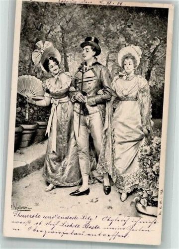 1900 sign. Nassani Zwei elegante Frauen in klassischer Kleidung mit einem Mann in ihrer Mitte B.K.W.I. 193 Adelskorrespondenz