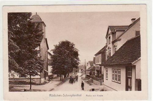 Rödichen - Schnepfenthal. Partie Kirche gelaufen 1925 als Bahnpost Eckbug unten links, kleiner Riß an der linken Kante, sonst gut erhalten.