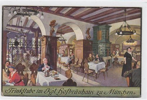 München Künstlerkarte München. Trinkstube im Kgl. Hofbräuhaus. Pächter Johann Panzer gelaufen. Marke entfernt. leichte Abschürfungen, sonst gut erhalten