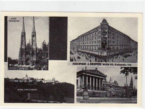 AK Wien 7. Berzirk / VII. Bezirk. Votivkirche Modenpalais J. Krupnik in der Kaiserstr. 115, Kahlenberg Parlament. Ungelaufen. Leicht bügig, sonst gut erhalten.