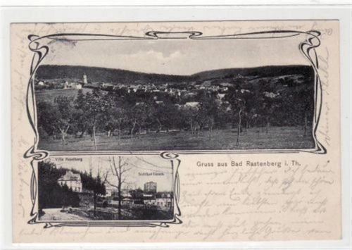 Gruss aus Bad Rastenberg i. Thür. mit Villa Haselburg, Stahlbad Finneck und Gesamtansicht gelaufen. Leichte Stempelspuren oben links, sonst gut erhalten.