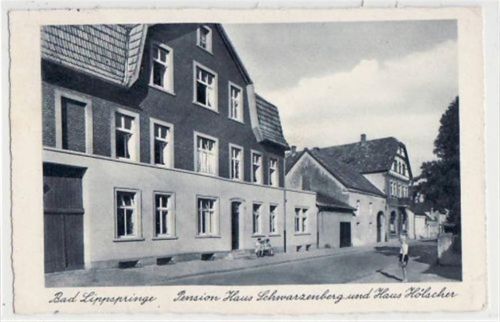 Bad Lippspringe mit Pension Haus Schwarzenberg u. Haus Hölscher gelaufen, mit Marke und Stempel von 1958. Gute Erhaltung.