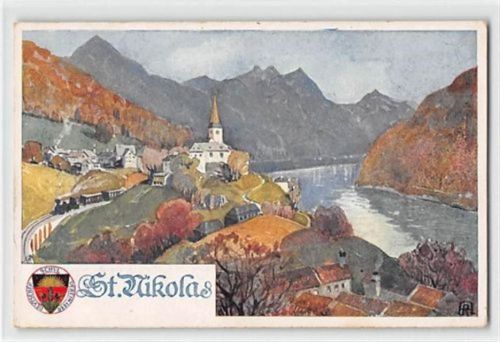 St. Nikolas. Gesamtansicht mit Kirche und Eisenbahn gelaufen. Gute Erhaltung.