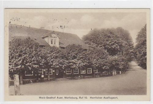 Moritzburg Moritzburg. Wald-Gasthof Auer gelaufen am 29.7.1934. Marke wurde entfernt. Flecken auf Vorder- und Rückseite, sonst gut erhalten.