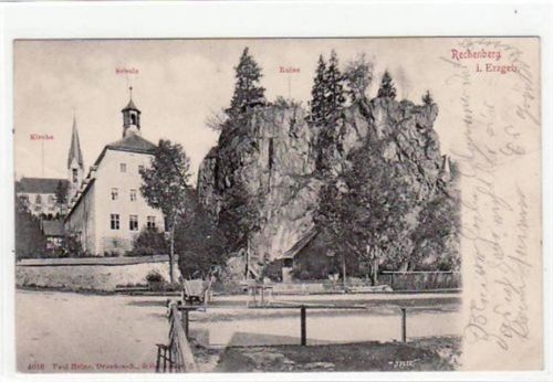 Rechenberg-Bienenmühle Rechenberg mit Kirche, Schule und Ruine gelaufen von ca. 1903 kleiner Knick unten links, leicht fleckig, leicht bügig, sonst gut erhalten.