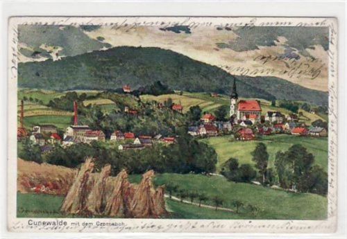 Cunewalde Cunewalde, Künstlerkarte mit Gesamtansicht und Czorneboh gelaufen von 1917, Marke entfernt kleiner Knick und leichter Bug unten rechts, kleiner Riß am Rand unten, sonst gut erhalten.