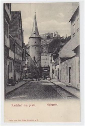 Karlstadt am Main mit Maingasse gelaufen, mit Marke und Stempel von 1905 kleiner Knick oben und unten links Karte war in einem Album eingeklebt, daher Anhaftungen Rückseite, sonst gut erhalten