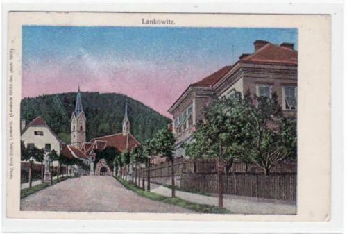 Lankowitz, Lunakarte mit Blick auf die Kirche gelaufen, mit Marke und Stempel von ca. 1910. leichte Eckabschürfungen, leicht bügig, sonst gut erhalten