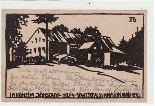 Jöhstadt, Künstlerkarte mit Landheim, Staatsrealgymnasium Annaberg gelaufen von 1923. Sehr weiche Karte, kleiner Knick oben und unten rechts, sonst gut erhalten