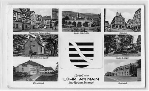 leeres Leporello Lohr am Main mit Rathaus und Forstschule gelaufen. leichte Abschürfungen, leichter Schrift- und Stempeldurchdruck, sonst gut erhalten