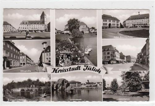 Jülich mit Landratsamt, Kölnstraße, Markt und Krankenhaus gelaufen, 1962. Leichter Schrift- und Stempeldurchdruck, sonst gut erhalten