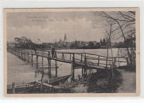 Crossen a.d. Oder Crossen an der Oder / Krosno Odrzanskie. Mündung des Bober in die Oder gelaufen 1916. Vorder- und Rückseite leicht fleckig, sonst gut erhalten