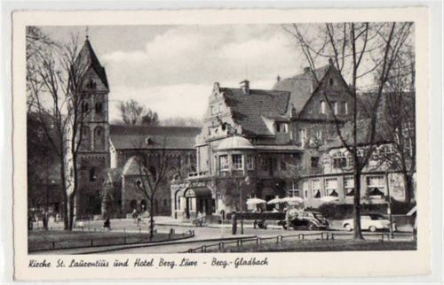 Bergisch Gladbach mit St. Laurentius Kirche und Hotel Berg. Löwe ungelaufen Gute Erhaltung.