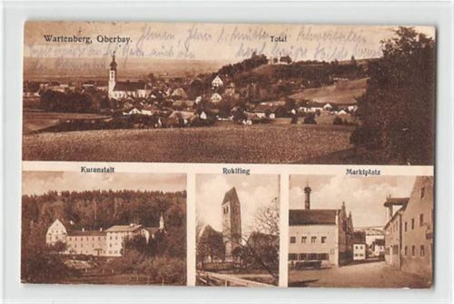 Wartenberg in Oberbayern mit Kuranstalt und Marktplatz gelaufen. Vorder- und Rückseite leicht fleckig, sonst gut erhalten
