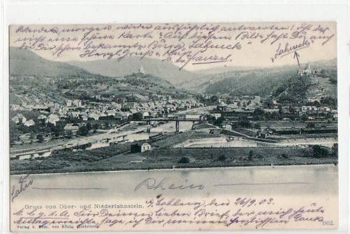Lahnstein Gruss von Ober- und Niederlahnstein gelaufen von 1903. Ecken mit Albumabdrücken, kleiner Knick oben rechts, sonst gut erhalten