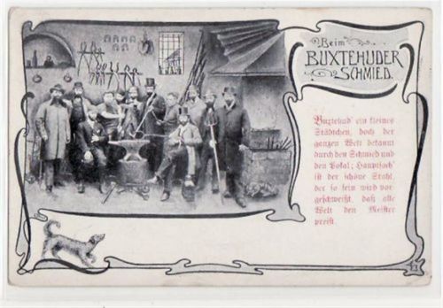 Buxtehude mit Gruppenfoto beim Schmied ungelaufen leichte Abschürfungen, kleiner Knick unten rechts, sonst gut erhalten