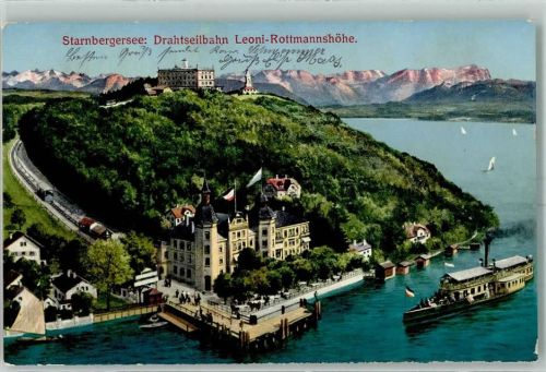 Berg 1911 Leoni-Rottmannshöhe Drahtseilbahn Schwarz-Weiß-Rot Fahne Dampfschiff Starnberger See Segelboot