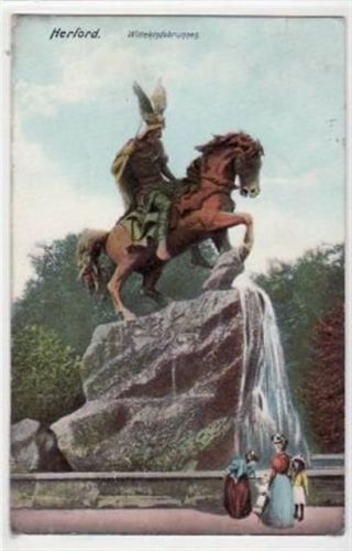 Herford Herford mit Wittekindsbrunnen gelaufen, mit Marke und Stempel von 1908. leichte Abschürfungen, leicht bügig, leicht fleckig, sonst gut erhalten