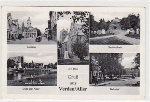 Verden a.d. Aller, 5 Abbildungen mit Rathaus und Bahnhof gelaufen, 1955. Leichter Schrift- und Stempeldurchdruck, kleine Abschürfung Rückseite oben rechts, sonst gut erhalten
