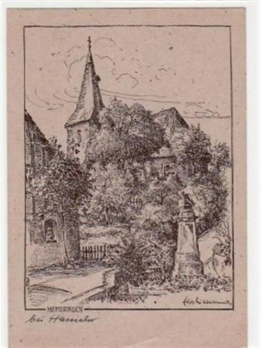 Hemeringen bei Hameln, Federzeichnung. Kirche gelaufen, 1950. Sehr weiche Karte, kleiner Knick unten links und in der Mitte, sonst gut erhalten
