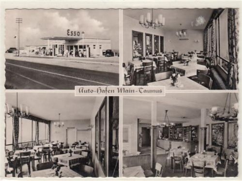 Auto-Hafen Main-Taunus mit Esso Tankstelle gelaufen, 1962. Gute Erhaltung.