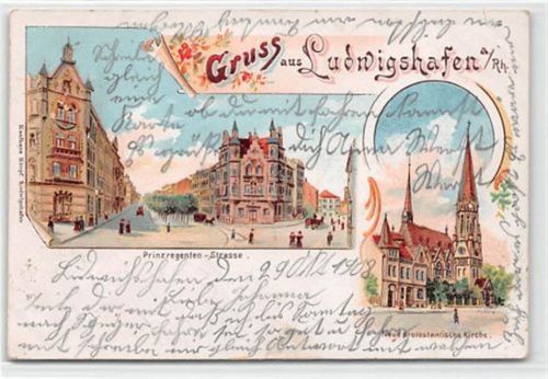Ludwigshafen Ludwigshafen, Lithographie. Prinzregentenstraße gelaufen. Marke entfernt. Ecken mit Albumabdrücken, leicht fleckig, leichte Eckabschürfungen, sonst gut erhalten
