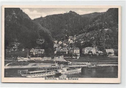 Schmilka Schmilka. Teilansicht mit Dampfer und Restaurant Prüfer gelaufen. Vorder- und Rückseite leicht fleckig, sonst gut erhalten