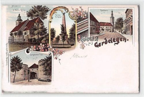 Lithographie Gardeleben mit St. Marien Kirche, Kriegerdenkmal, Salzwedeler Thor und Rathaus ungelaufen Oxydationsspuren, am Rand oben leicht begradigt, sonst gut erhalten