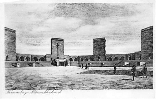 Hohenstein Künstlerkarte vom Tannenberg-Nationaldenkmal bei Hohenstein / Olsztynek - Kreis Osterode / Powiat Ostródzki gelaufen. Marke entfernt, sonst gut erhalten
