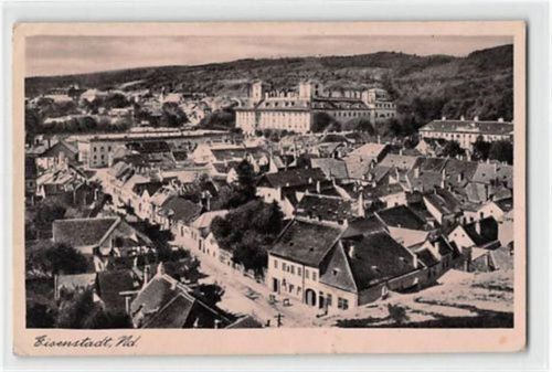 Eisenstadt, Burgenland. Teilansicht aus der Vogelschau gelaufen. Marke entfernt. Kleine Druchdrücke, kleiner Knick oben und unten links, kleine Anhaftungen Vorderseite unten in der Mitte, leicht fleckig, sonst gut erhalten