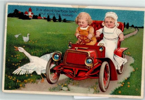 Prägedruck Kinder im Automobil , Gänse Litho AK Glückwunsch Auto 1907 Gebrauchsspuren