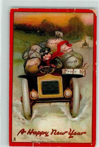 Prägedruck A Happy New Year Neujahr Kind Automobil mit Säcke beladen AK Glückwunsch Auto 1912 Gebrauchsspuren