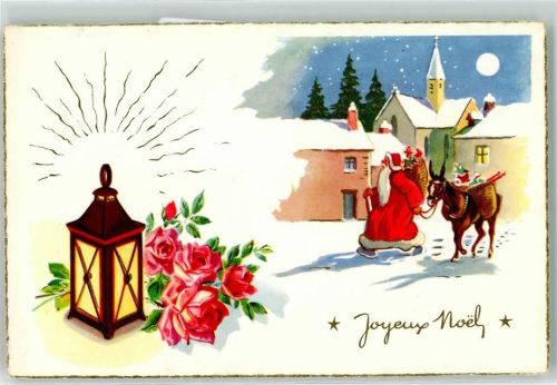 Roter Mantel Esel Laterne mit Rosen , Joyeuse Noel AK Weihnachtsmann