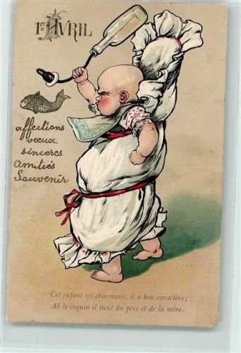 Prägedruck Humor Baby mit Milchflasche , Fisch Litho Verlag PFB Serie 3015 AK 1. April 1905 Gebrauchsspuren