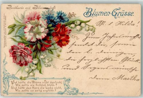Blumen Grüsse Kornblumen Maiglöckchen Vers Verlg Schmidt Erfurt AK Duftkarte Lithographie / Künstlerkarte
