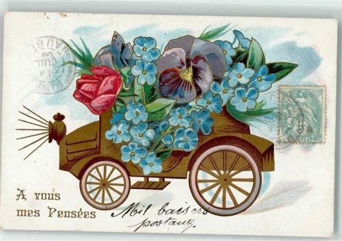 A vous mes Pensees - Auto mit Blüten Vergissmeinnicht AK Glückwunsch Auto 1905 Gebrauchsspuren