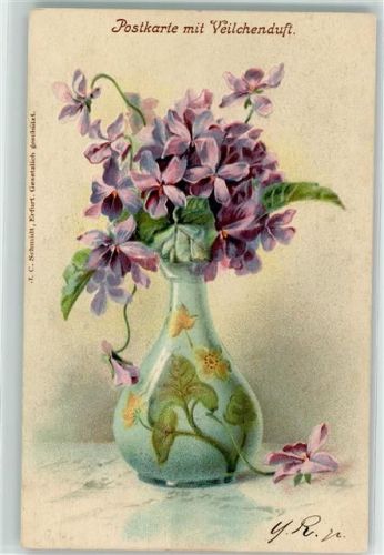 Blumenvase Veilchenduft Verlag Schmidt AK Duftkarte 1902 Lithographie