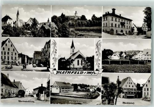 91785 W8835 Pleinfeld Gebrauchsspuren Ev. Kirche Schloss Sandsee Rathaus m. Spalter Tor Marktplatz VW Käfer Marienbrunnen Volksschule