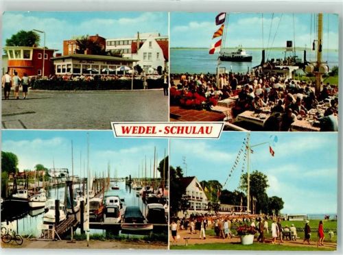 Schulau Schiff Boote Fahrrad Gasthaus zur Fähre Fahnen Hafen