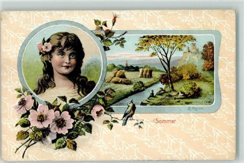 Sommer Mädchen Vogel Burg sign L. Lieder